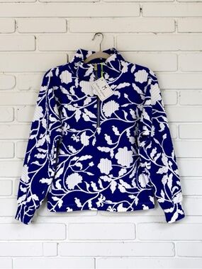 Dudley Stephens Marion Zip Pullover Blue Floral Waffle XS NWT